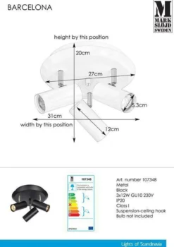 Barcelona taklampe Svart 3 spotter - Svart