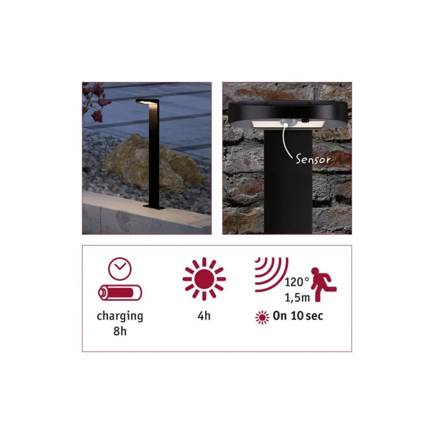Solar LED pullert 1,2W 3000 Kelvin m/bevegelses sensor IP44 - Solcelle