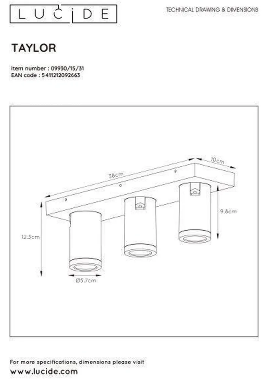 Taylor spot 3 lys IP44 baderom warm to dim 3x5W 2200-3000K