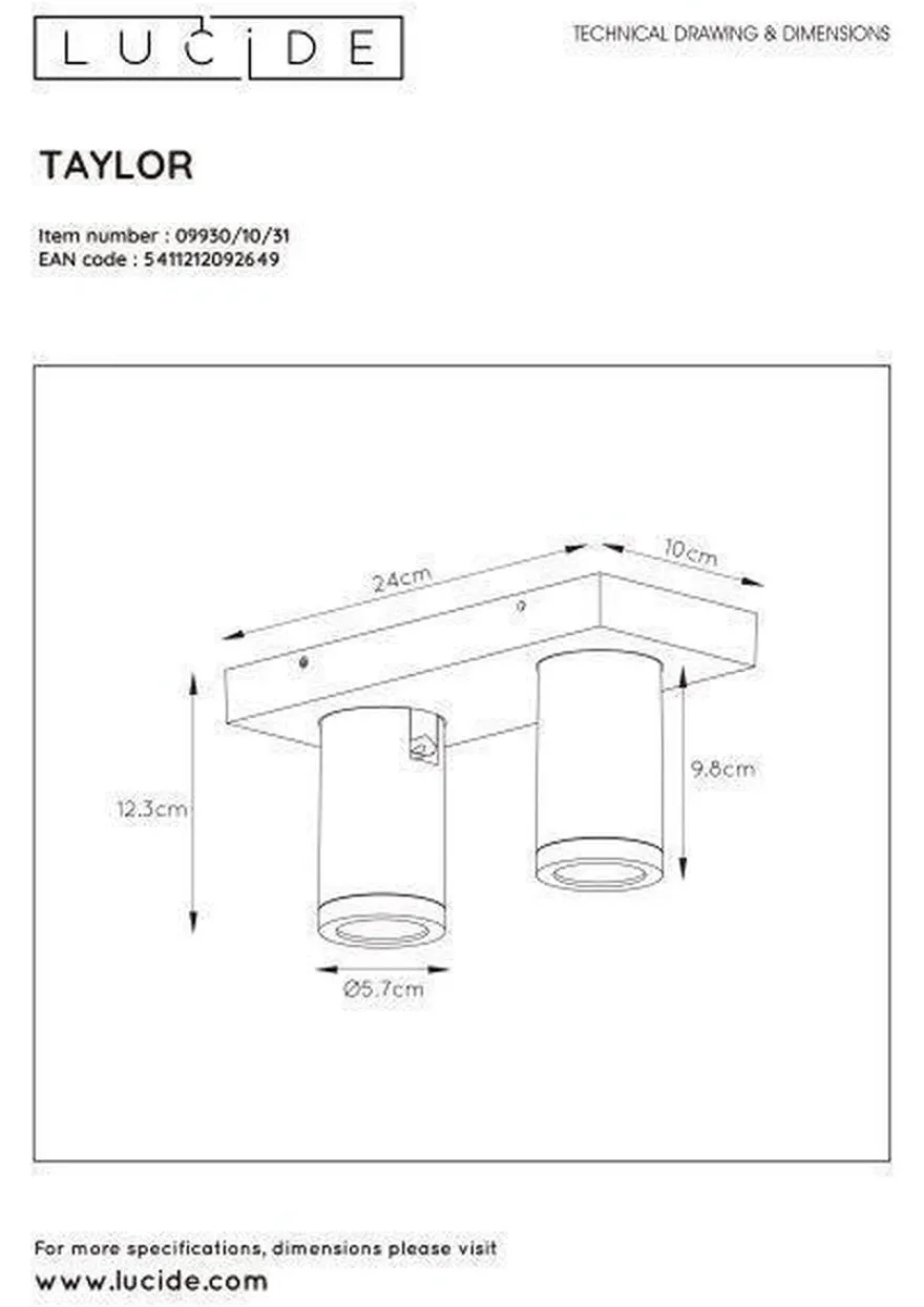 Taylor spot 2 lys IP44 baderom warm to dim 2x5W 2200-3000K