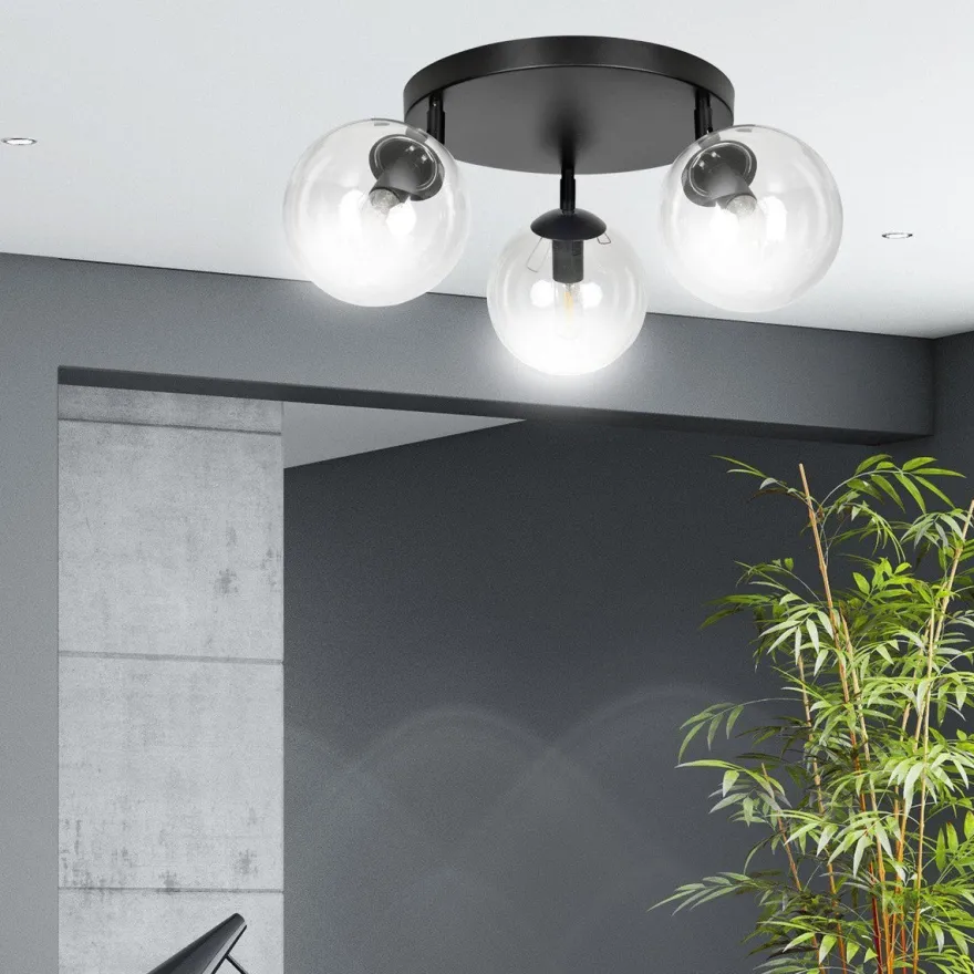 Tofi taklampe rund 3 lys - Svart/Klart glass