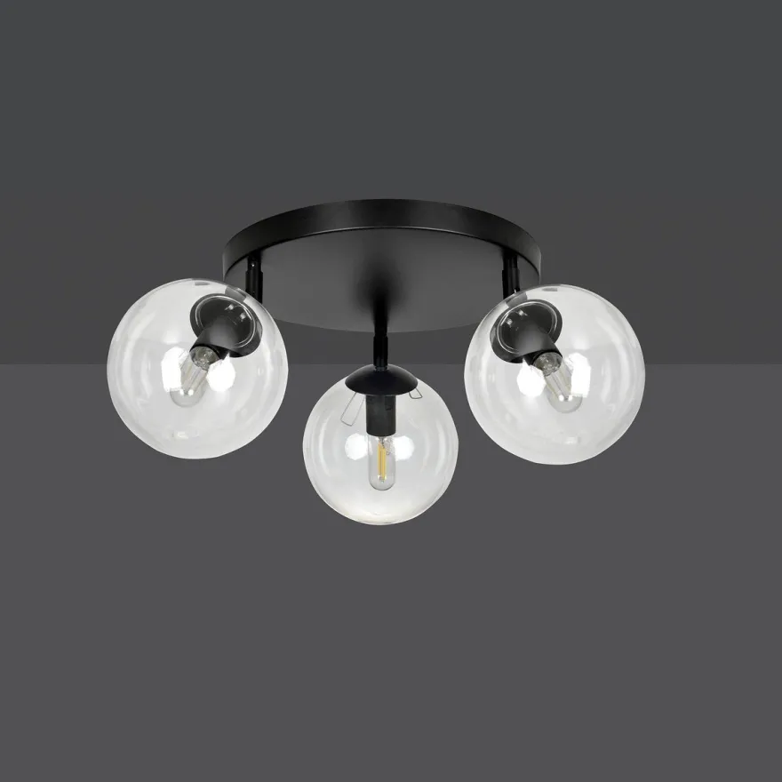 Tofi taklampe rund 3 lys - Svart/Klart glass