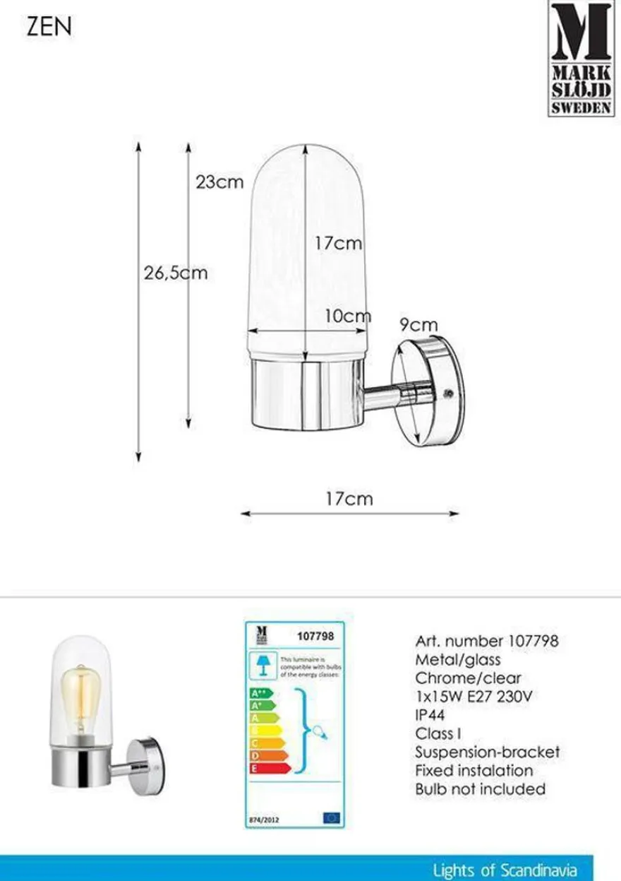 Zen vegglampe IP44 - Krom/klar - Krom / Klar